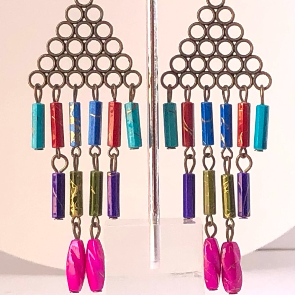 Antique Copper Chandelier Earrings with Multi Color Beads Dangle Drop Earrings